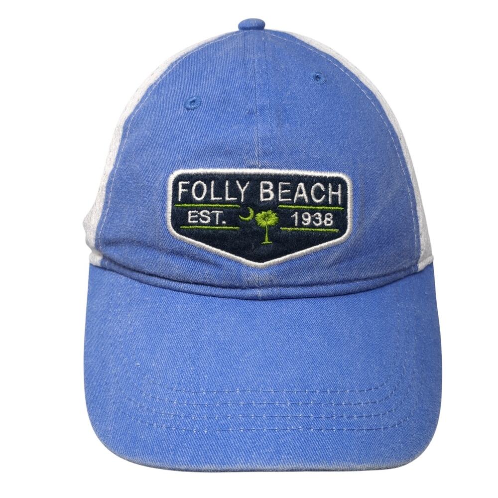 Folly Beach Est. 1938 Strapback Trucker Hat Blue One Size Cotton Strand Headwear